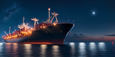 Obraz premium Oil tanker docked in an offshore dock at night or dawn sea. Generative AI