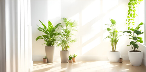 Peaceful interior background with soft cream white walls and potted plant. Generative AI