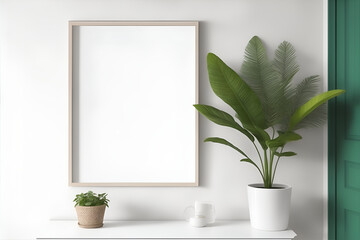 Rectangular vertical frame mockup in scandi style interior with trailing green plants and shelf on empty neutral white wall background. Generative AI