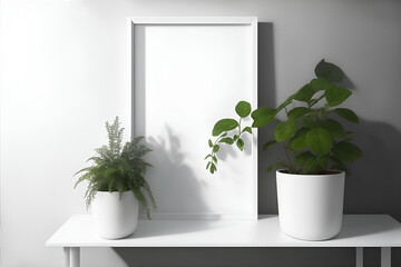 Rectangular vertical frame mockup in scandi style interior with trailing green plants and shelf on empty neutral white wall background. Generative AI