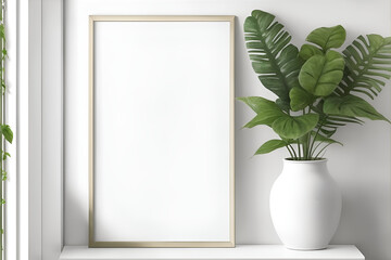 Rectangular vertical frame mockup in scandi style interior with trailing green plants and shelf on empty neutral white wall background. Generative AI