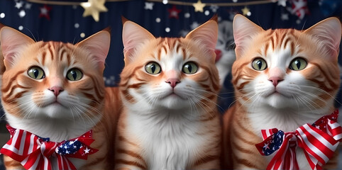 Three ginger cats having fourth of july party. Generative AI
