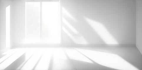 White minimalistic room with blank walls and sunlight streaming through windows. Generative AI