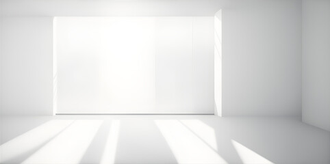 White minimalistic room with blank walls and sunlight streaming through windows. Generative AI