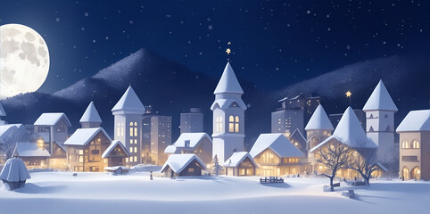 Winter Snow Urban Countryside Landscape City Village with full moon. Generative AI