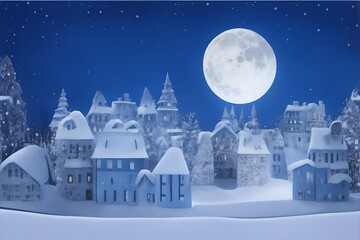 Fototapeta premium Winter Snow Urban Countryside Landscape City Village with full moon. Generative AI