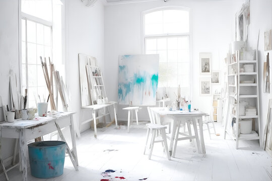 White atelier. A painter or artist atelier, craft room, with white interior. Generative AI