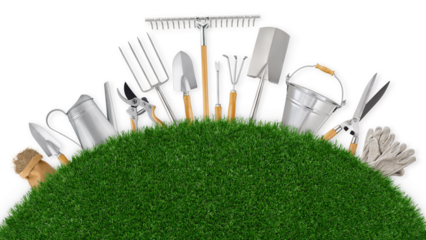 Gardening tool equipment. Top view isolated on white background, lawn green grass with copy space. Online shopping commerce, greenhouse advertising banner. Pruning, floriculture and horticulture work