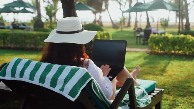 Freelancer woman working laptop sitting in sunbed tropical resort, rear view. Remote, distant job vacation in tropical country. Businesswoman workaholic resting in ocean resort vacation.