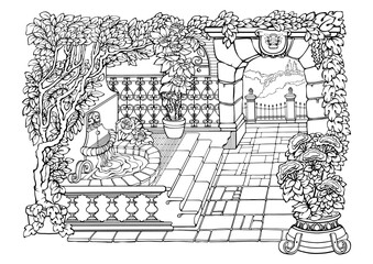 Romantic Secret Garden. Coloring Pages. Freehand linear style. Vector illustration.