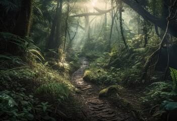 Trail through the forest full of lush vegetation. Generative ai