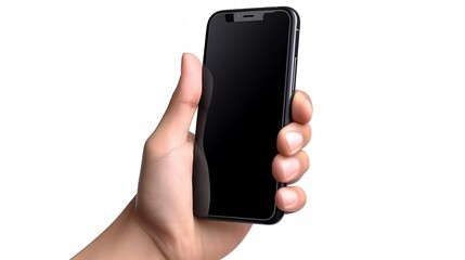 Hand holding black smartphone isolated on white background, Generative AI 