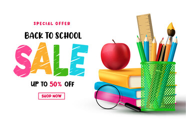 Back to school sale vector banner design. School special offer text in white space with educational elements and supplies. Vector illustration for education seasonal promo ads.