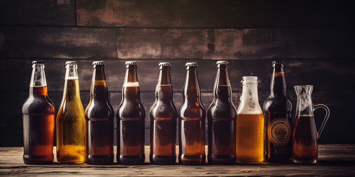 Set of unopened beer bottles on a wooden floor, stone wall background. 3d illustration