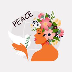 A young beautiful girl in a flower wreath on her head holds a white dove in her hands and prays for peace in Ukraine. Vector.
