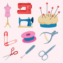 Set of Tailor and Sewing Tools Cute Hand Drawn Illustration