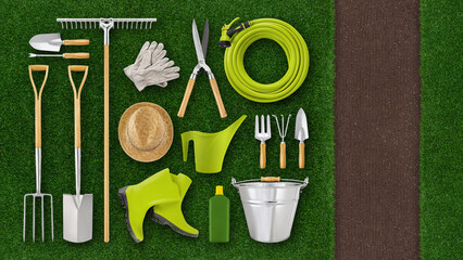 Gardening tool equipment. Top view isolated on lawn green grass background, ground soil with copy...