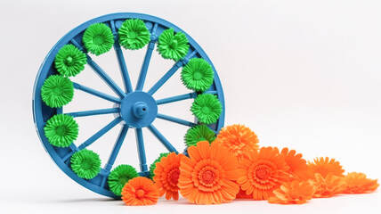 Festive composition for National Day of India, Independence Day, Ashoka wheel, orange marigold flowers, white background