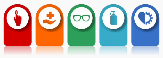 Medical icon set, miscellaneous vector icons such as oximeter, hospital, glasses, soap and heart, modern design infographic template, web buttons in 5 color options