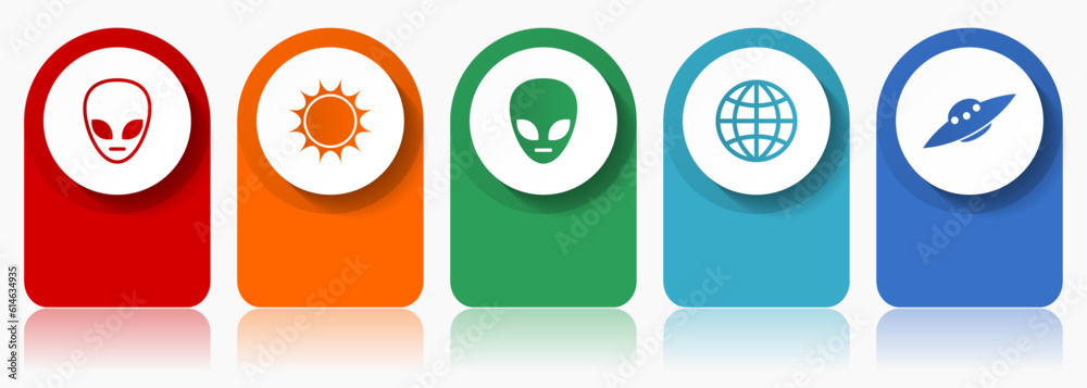 Poster alien icon set, miscellaneous vector icons such as star, ufo, space ship and globe, modern design in