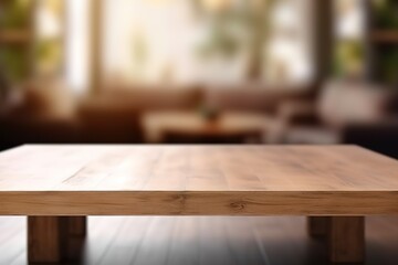 Empty wooden table top with out of focus lights bokeh rustic farmhouse kitchen background | Table top and blurred kitchen room as background, Generative AI