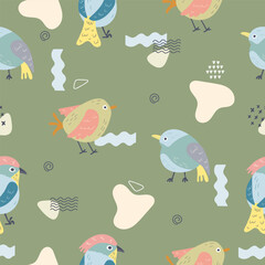 Cute funny spring birds seamless vector pattern