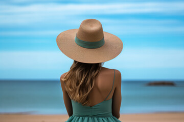 Woman with a hat and long dress sitting on the beach and contemplating the sea. Portraying travel concept. Generative AI.