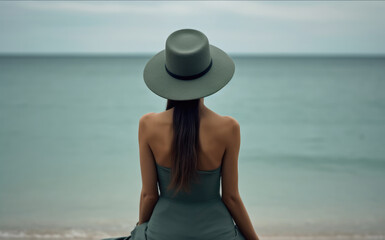 Woman with a hat and long dress sitting on the beach and contemplating the sea. Portraying travel concept. Generative AI.