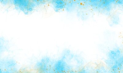 Blue sky and clouds, hand painted abstract watercolor background, vector illustration with golden glitters dot