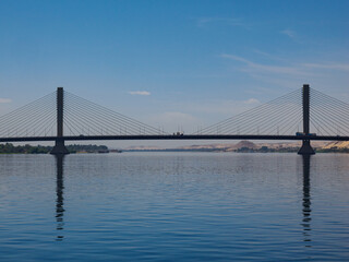 Fototapeta na wymiar Landmark Engineering: Reflection of Blue Cable-Stayed Bridge Nea