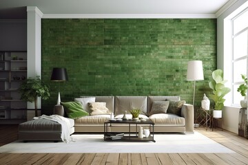 Green wall background, minimalist sofa | Living room with green armchair on empty dark green wall background | Modern loft living room interior design and green wall,Generative AI