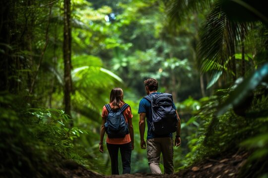 Back view of couple exploring rainforest. Generative AI, Generative AI