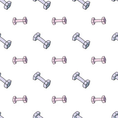 Blue and pink Pattern of sport elements made in doodle style. Doodle  dumbbell. Sport object for banner design or textile. Cute cartoon character.