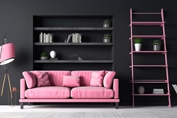 Interior with pink sofa and ladder shelf in modern living room and black mock-up wall,Generative AI