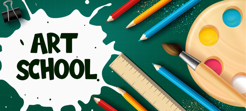 School art text vector template design. Art school typography in white space with drawing and painting items and supplies. Vector illustration coloring objects in green background.