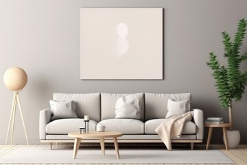 Interior of modern living room with armchair and table. Banner for design | Living room design with empty frame mock-up, two wooden chairs on white wall,Generative AI