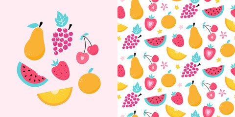 Bright summer pattern set with hand drawn fruits