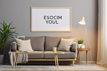 Interior of modern living room with armchair and table. Banner for design | Living room design with empty frame mock-up, two wooden chairs on white wall,Generative AI
