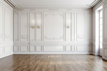 White empty room mock-up with brown curtain, white door and wood floor. 3D illustration | Modern living room interior with blank space and empty wall, Generative AI