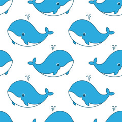 Vector seamless pattern with a cute whale on a white background. Animal character illustration hand drawn - 614636966