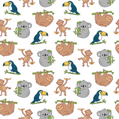 Vector seamless pattern with cute koala, sloth, monkey and toucan on white background. Animal character illustration hand drawn.