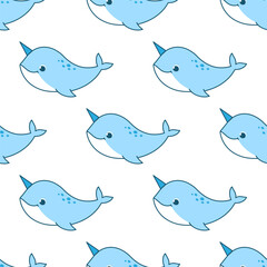 Vector seamless pattern with cute narwhal on a white background. Animal character illustration hand drawn. - 614636984