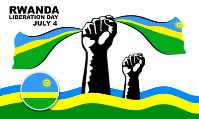 illustration of hand holding Rwanda flag and Rwandan flag frame background and bold text. commemorate Kwibohora or Rwanda Liberation Day July 4  
