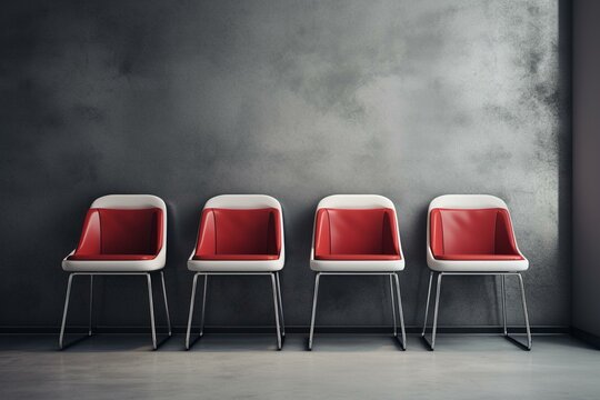 Four Chairs In An Office With Three White And One Red Against Gray Wall. Generative AI