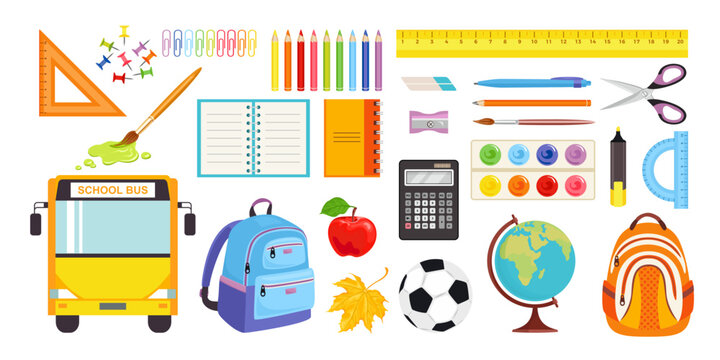 School and education vector illustrations. Collection of  cartoon icons with school supplies.