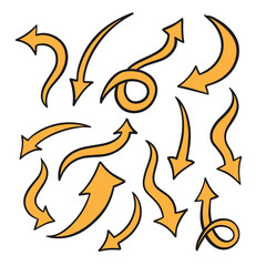 Hand drawn yellow color line art arrows set collection