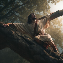 Jesus in a white cloth on a tree - Generative AI
