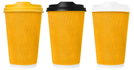 set of isolated yellow disposable coffe cup