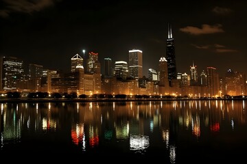 Obraz premium Mesmerizing Nighttime Chicago Skyline Illuminated in Splendor. Generative AI