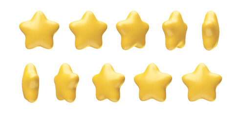 Set of rotating golden trophy stars 3d realistic style rendering. Leadership, game award, customer achievement and feedback symbol vector illustration isolated on white background